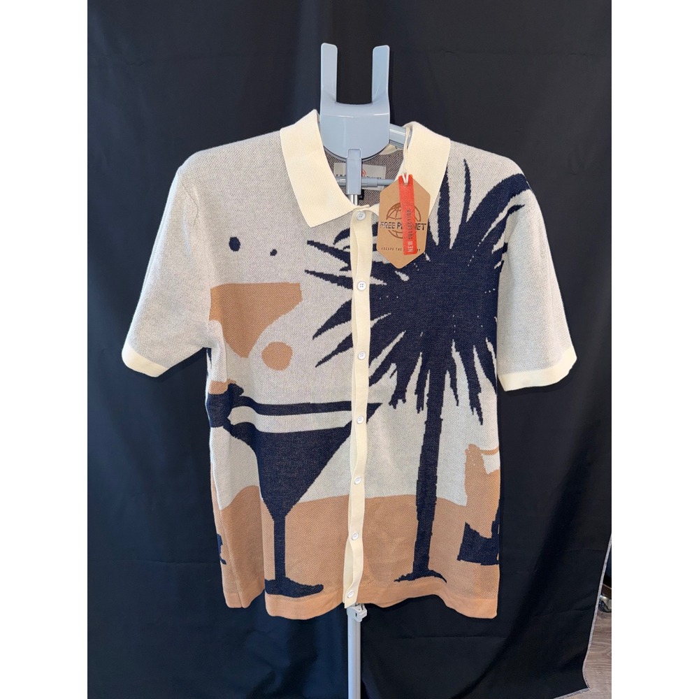 Free Planet Mens Knit Button Down Shirt Palm Tree Martini Cream FV9W69CRM Size M